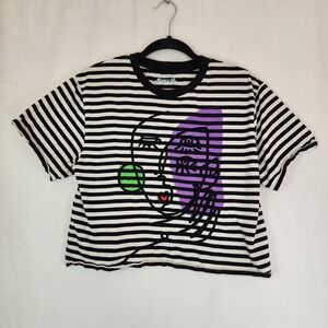 Desigual Arty Faces short-sleeve T-shirt in black white stripes embroidered Sz M